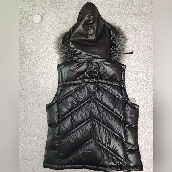 Harley Davidson , Faux Fur , Down Filled Hooded Vest Jacket - Picture 15 of 16